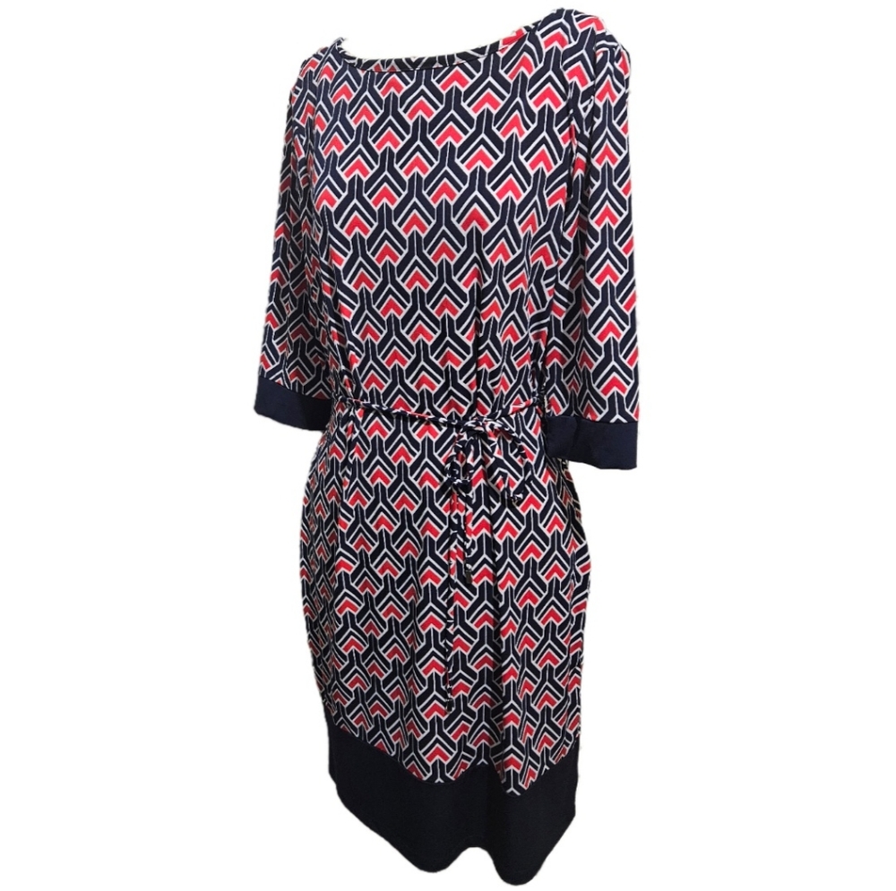 Liz Claiborne Red and Navy Sheath Dress with Tie Belt Size Large